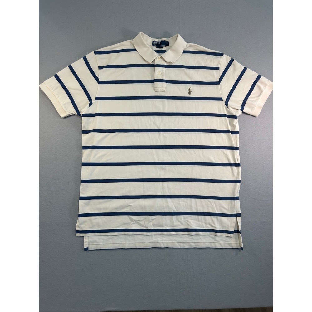 Polo Ralph Lauren Polo Shirt Mens XL Cream Navy Blue Striped Cotton Pique Pony